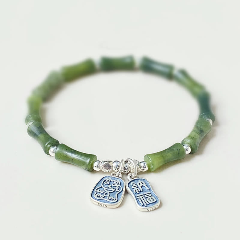 Bracelet en argent sterling 925 Buddha Stones et jade en bambou, chat porte-bonheur, personnage Fu, chance et abondance - 16 cm - image 1