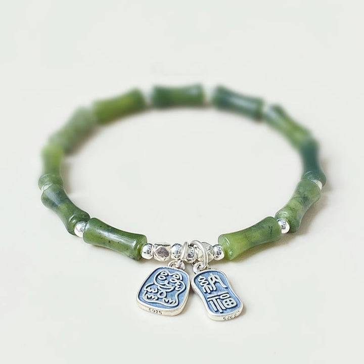 Bracelet en argent sterling 925 Buddha Stones et jade en bambou, chat porte-bonheur, personnage Fu, chance et abondance - 16 cm - image 1