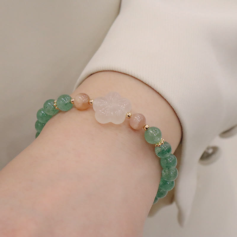 Bracelet de gratitude en Buddha Stones en quartz fraise vert naturel et calcédoine