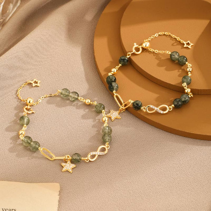Bracelet de protection en or 14 carats avec quartz rutile vert et boucle Möbius de Buddha Stones, amour éternel et étoile