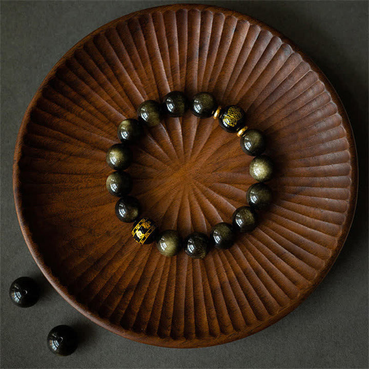 Bracelet de protection de richesse en obsidienne dorée avec Bouddha du zodiaque chinois