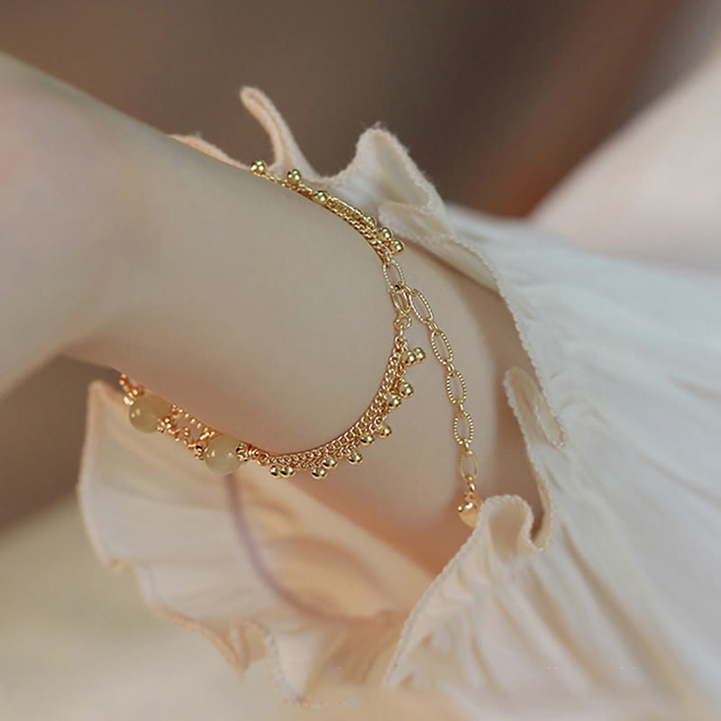 Bracelet de prospérité porte-bonheur en perles de jade Hetian plaqué or 14 carats à 2 couches