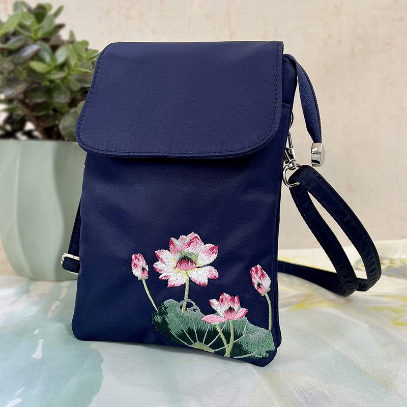 Sac à bandoulière en Buddha Stones imperméable brodé à la main avec fleurs de lotus - Lotus bleu à quatre branches - image 0