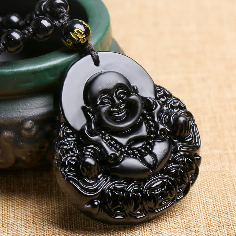 Collier avec Buddha Stones rieur en obsidienne noire et protection de la force - image 2