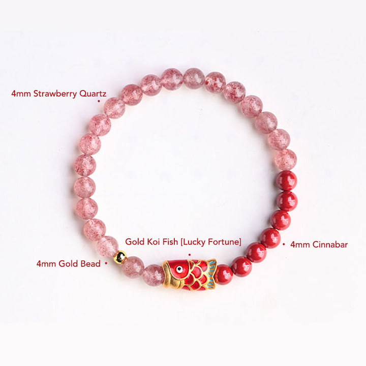Bracelet de guérison porte-bonheur en quartz fraise et cinabre en Buddha Stones