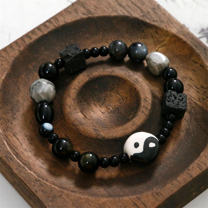Bracelet de protection de la fortune Yin Yang en perles de jaspe Picasso et onyx noir Buddha Stones