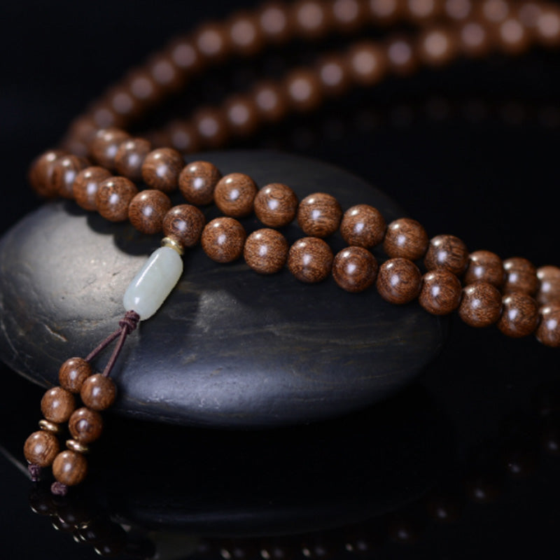 Bracelet Mala 108 perles en bois de rose et jade de Buddha Stones