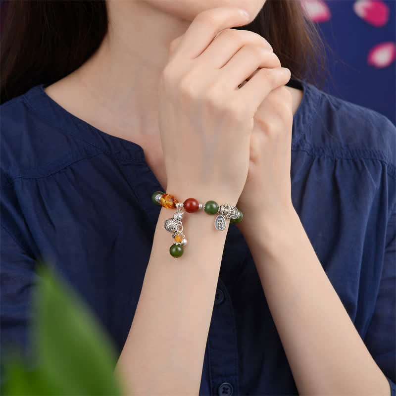 Bracelet de réussite en argent sterling 925 Buddha Stones et jade cyan Hetian