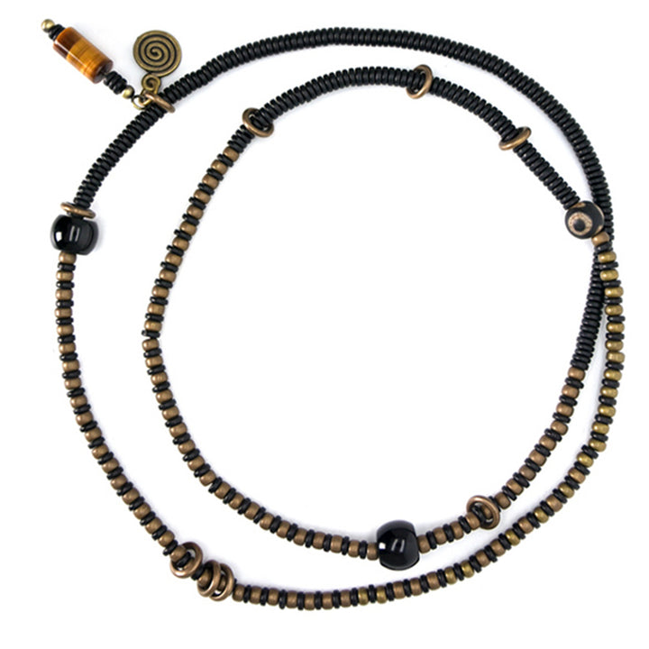 Collier pendentif en perles de Dzi en bois d'ébène et Buddha Stones en cuivre pour couple de paix