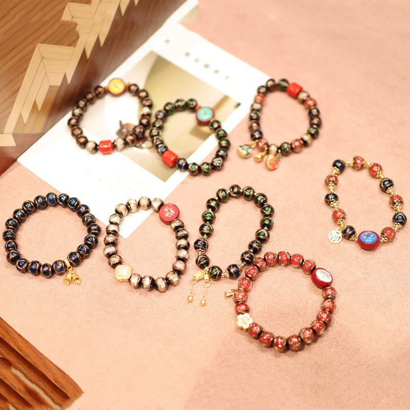 Bracelet de perles de fortune Thangka Tibétain en or représentant la famille des cinq dieux de la richesse