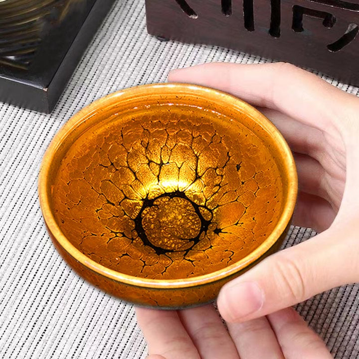 Tasse à thé en céramique chinoise Jianzhan avec motif de taches dorées et Buddha Stones , tasse à thé Kung Fu avec boîte cadeau