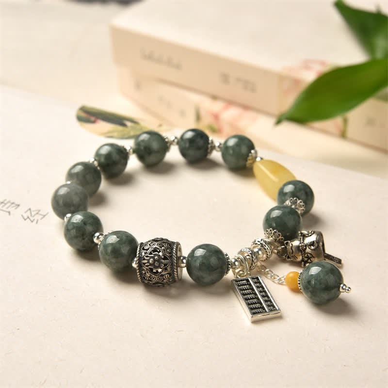 Bracelet de réussite en argent sterling 925 avec chat porte-bonheur en jade cyan et ambre Abacus - image 2