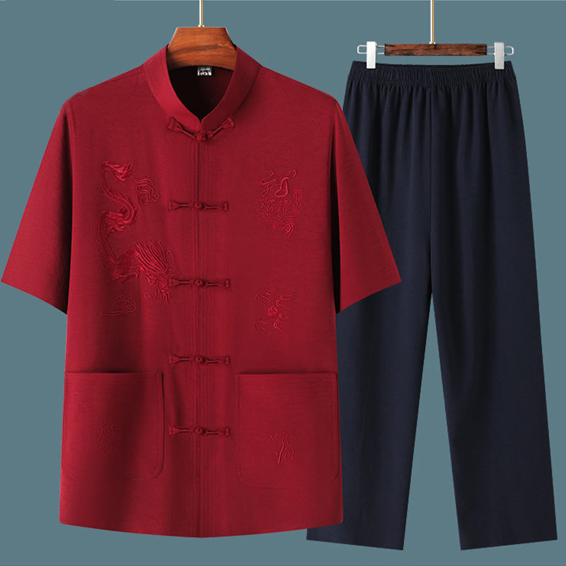 Costume Tang en Buddha Stones Hanfu Dragon chinois Uniforme de Kung Fu traditionnel Haut à manches courtes et pantalon Vêtements Ensemble pour hommes - image 17