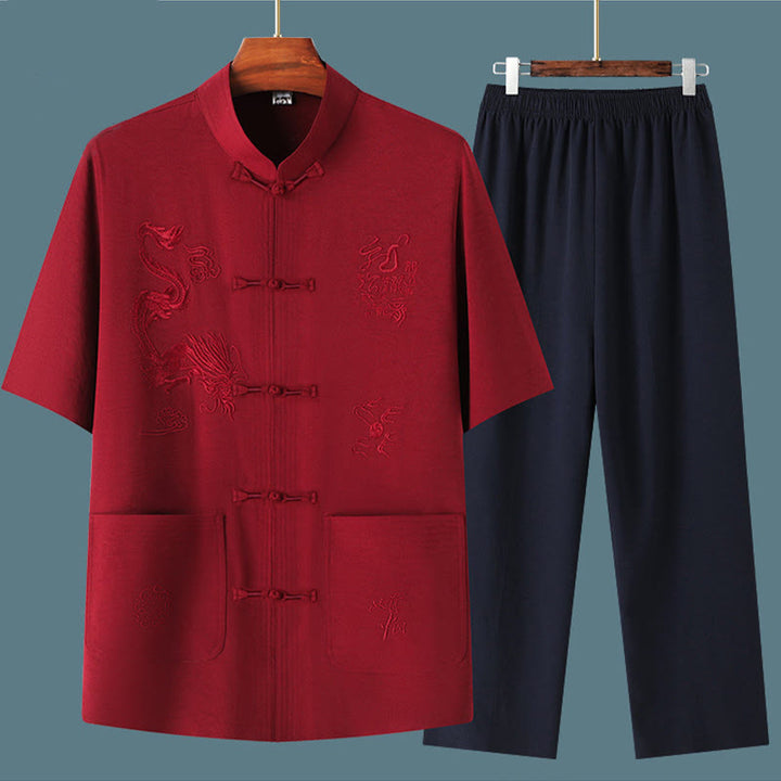 Costume Tang en Buddha Stones Hanfu Dragon chinois Uniforme de Kung Fu traditionnel Haut à manches courtes et pantalon Vêtements Ensemble pour hommes - image 17