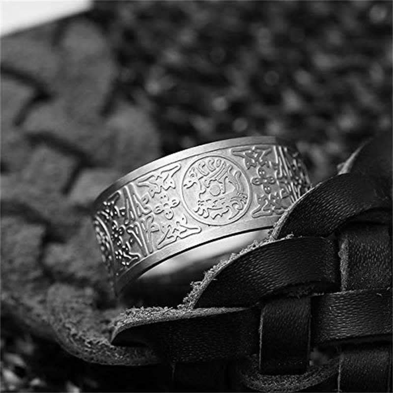 Bague porte-bonheur sculptée en basalte de Suzaku avec quatre Buddha Stones, dragon, bête gardienne, tigre blanc