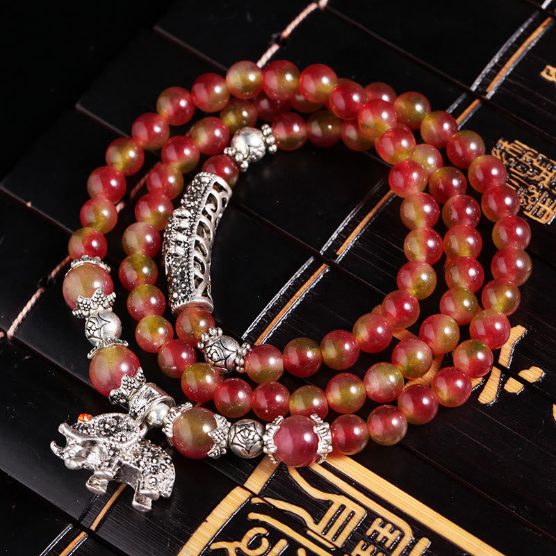 Bracelet triple tour positif en Buddha Stones, tourmaline pastèque naturelle PiXiu Elephant