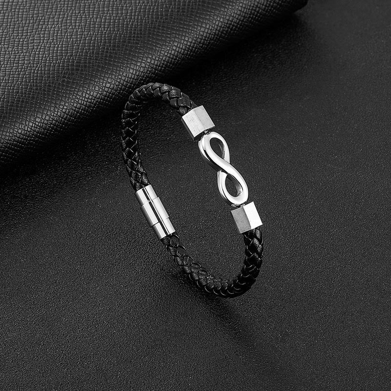 Bracelet d'équilibre en cuir tissé avec nœud sans fin en acier titane et Buddha Stones