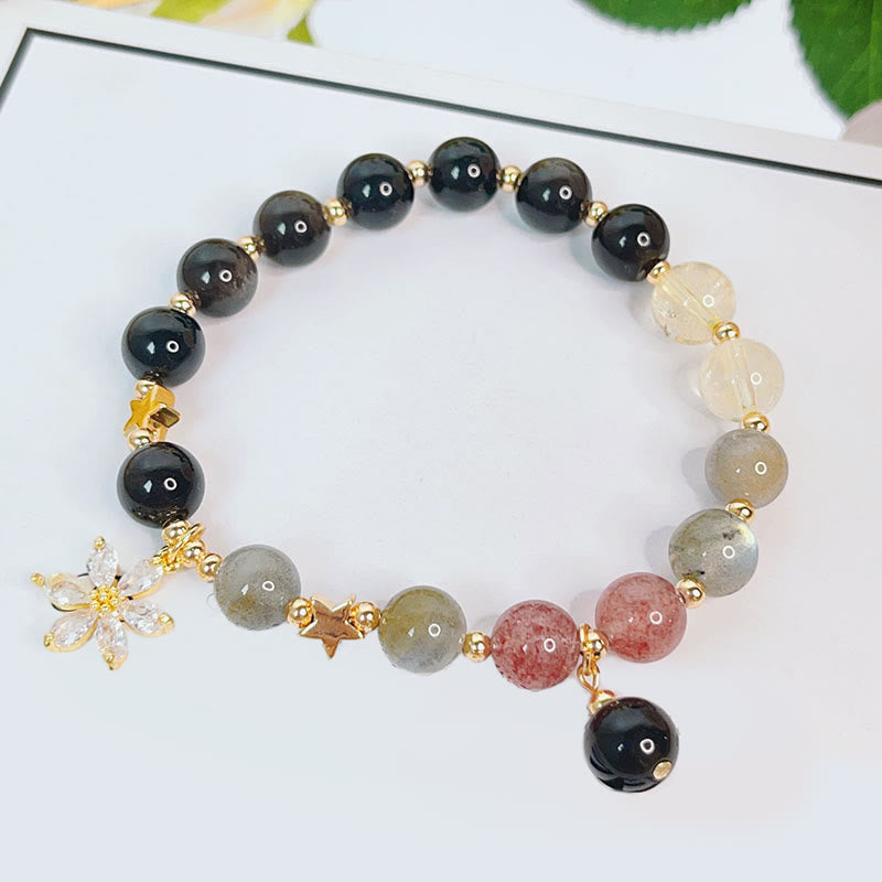 Bracelet de protection en obsidienne naturelle argentée avec Buddha Stones , cœur, étoile, fleur