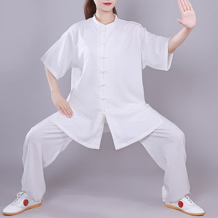Ensemble de vêtements unisexe en coton et lin avec Buddha Stones , Tai Chi, Qigong, méditation, prière, pratique spirituelle zen - Blanc - manches courtes - US14，UK/AU18，EU46 (3XL)  - image 0