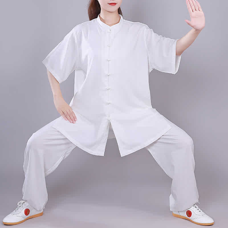 Ensemble de vêtements unisexe en coton et lin avec Buddha Stones , Tai Chi, Qigong, méditation, prière, pratique spirituelle zen - Blanc - Manches courtes - US14，UK/AU18，EU46 (3XL)  - image 0