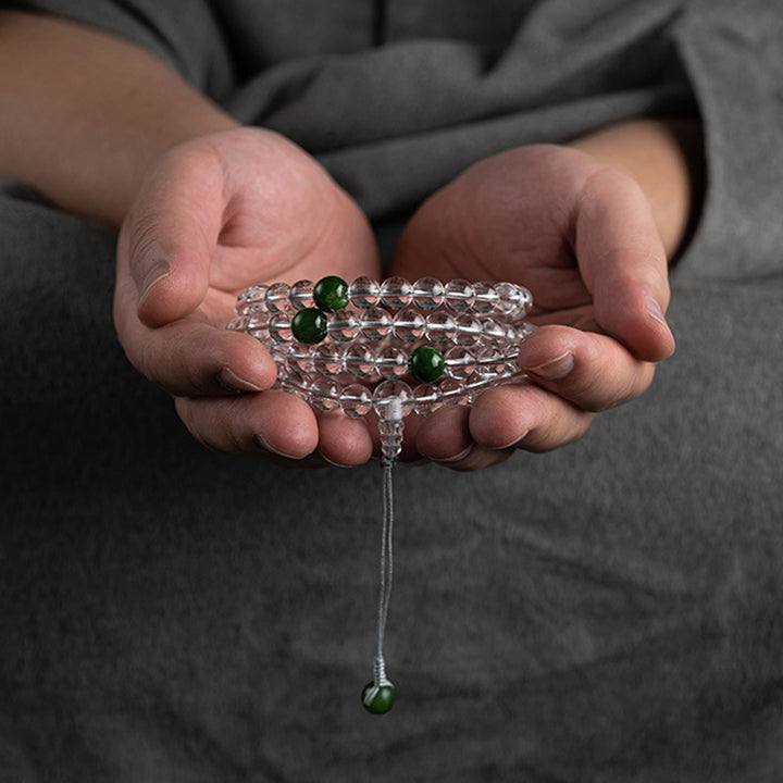Bracelet de méditation Mala en jade blanc et cristal de 108 perles Buddha Stones