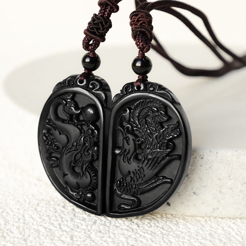 Collier pendentif de protection Dragon Phoenix en obsidienne noire avec Buddha Stones - image 4