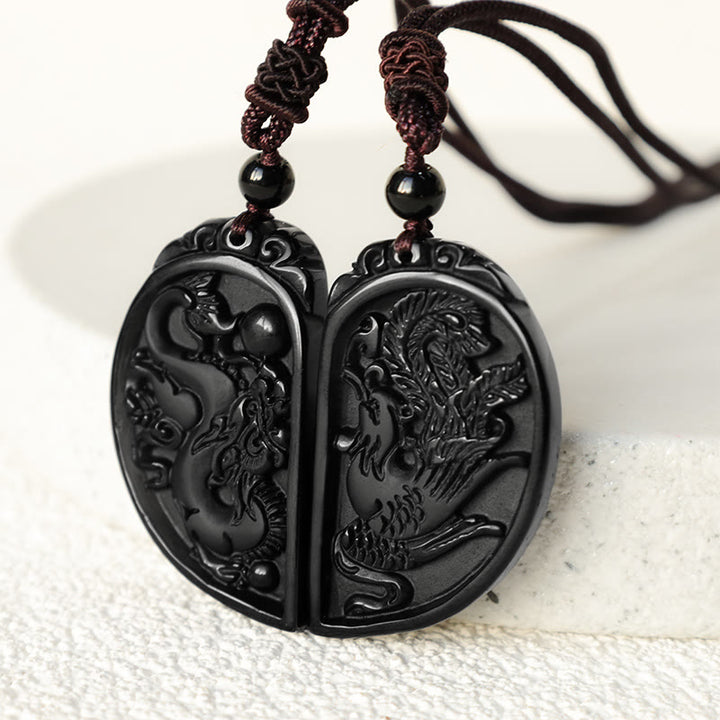 Collier pendentif de protection Dragon Phoenix en obsidienne noire avec Buddha Stones - image 4