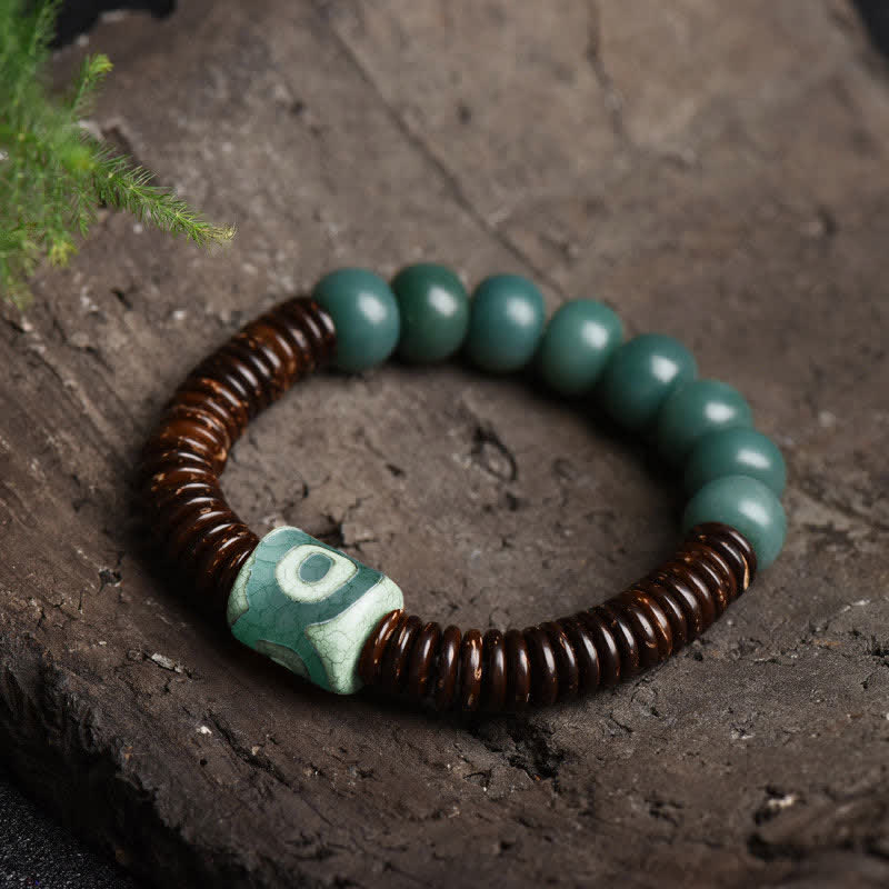 Bracelet tibétain en perles de graines Bodhi Dzi cyan en coquille de noix de coco pour éloigner les mauvais esprits