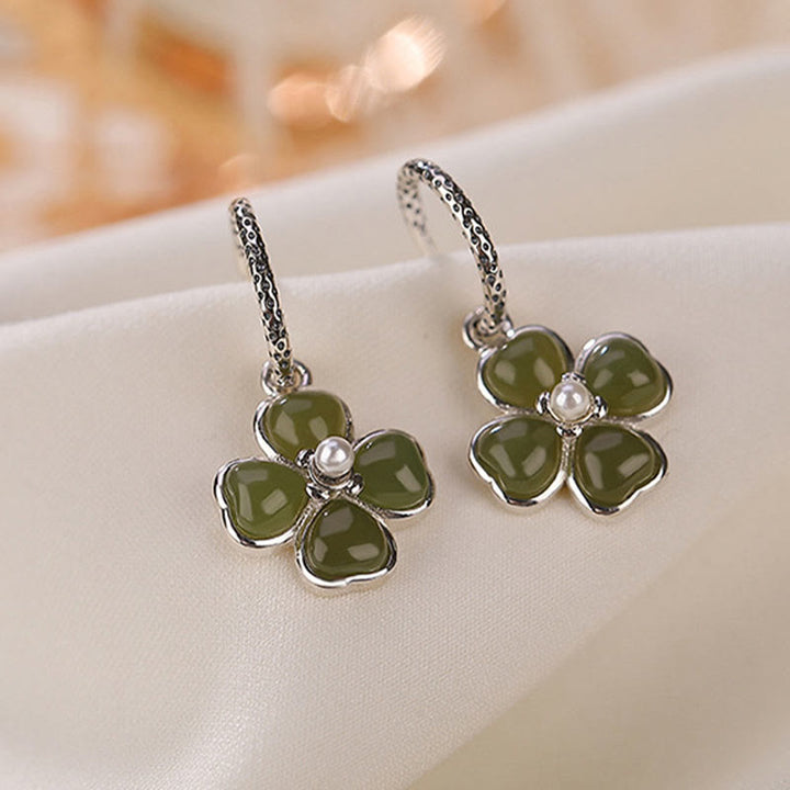 Boucles d'oreilles trèfle à quatre feuilles en argent sterling 925 et jade cyan naturel avec pierres de Buddha Stones
