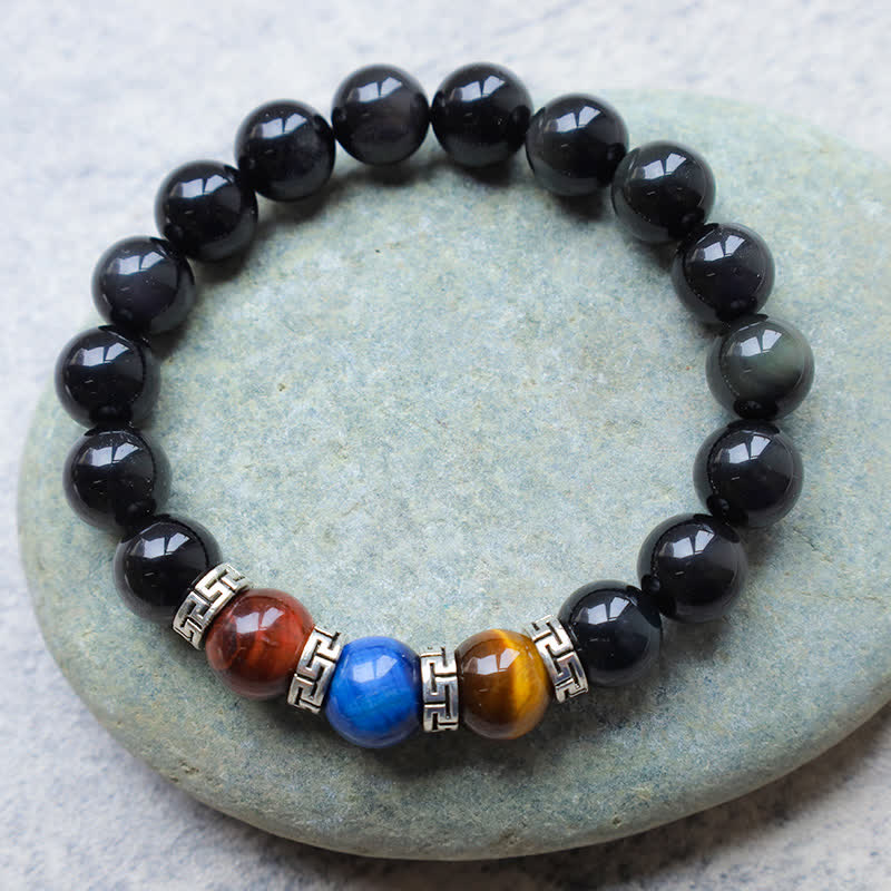 Bracelet de force en obsidienne noire naturelle et œil de tigre tricolore