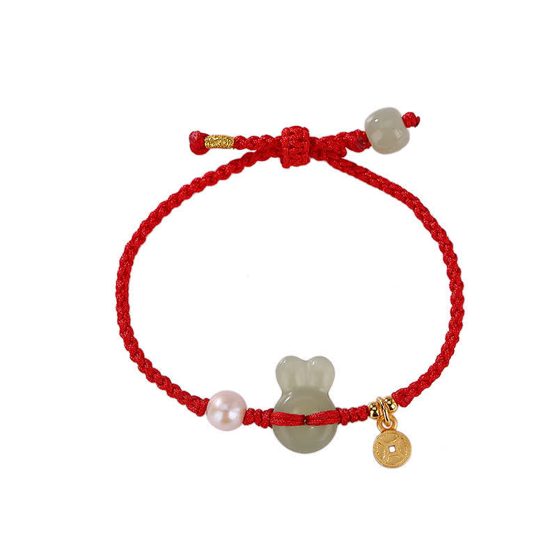 Bracelet en argent sterling 925 avec cordon rouge et pièce de cuivre en jade Hetian Année du lapin