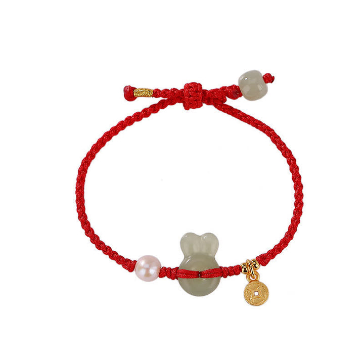 Bracelet en argent sterling 925 avec cordon rouge et pièce de cuivre en jade Hetian Année du lapin
