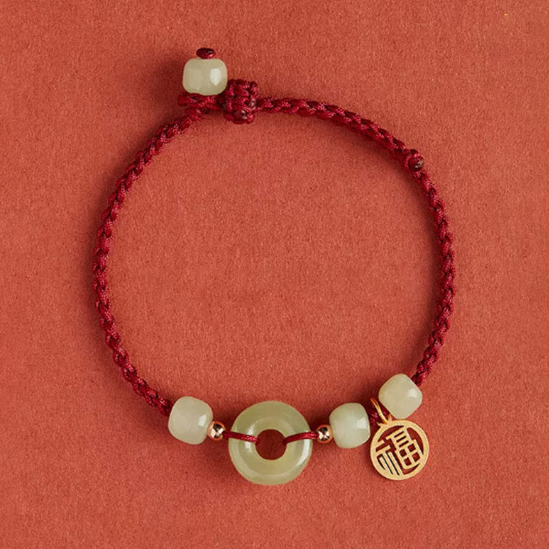 Bracelet en corde avec boucle ronde en Buddha Stones et lotus de jade pour la paix, le bonheur, l'abondance et la richesse