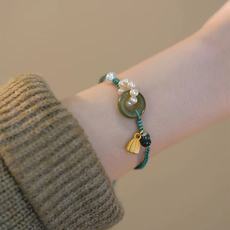 Bracelet tressé artisanal en Buddha Stones Hetian naturel avec boucle de paix et perles de chance