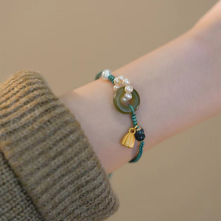Bracelet tressé artisanal en Buddha Stones Hetian naturel avec boucle de paix et perles de chance