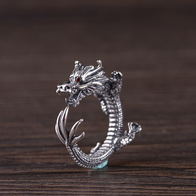 Bague de protection porte-bonheur en argent sterling 925 Buddha Stones et dragon