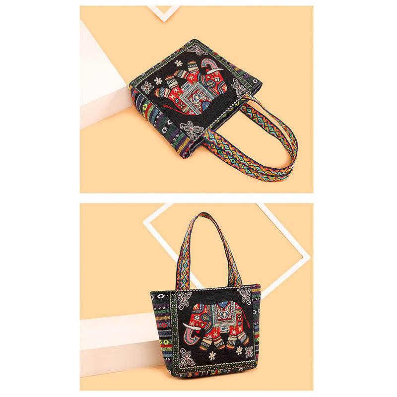Sac fourre-tout en toile brodé de grande capacité avec Buddha Stones, éléphant et papillon
