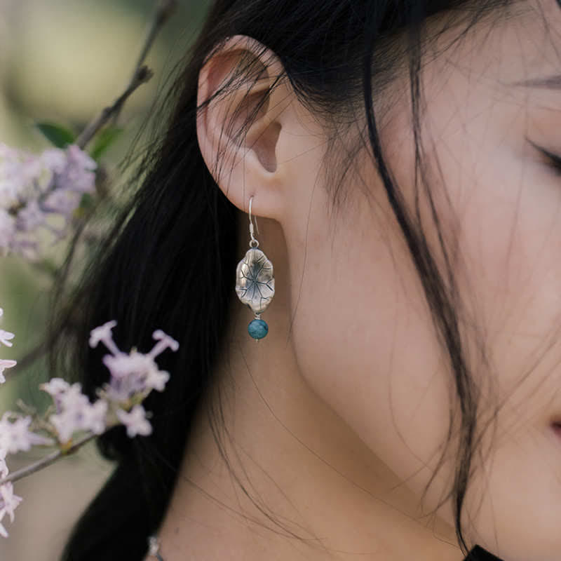 Buddha Stones Boucles d'oreilles pendantes en argent Sterling 925 Turquoise Feuille de Lotus Protection