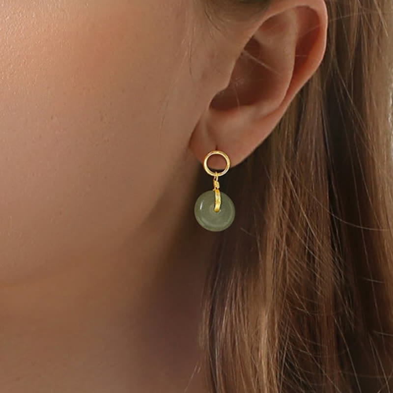 Boucles d'oreilles pendantes en jade avec Buddha Stones rondes et boucle de paix