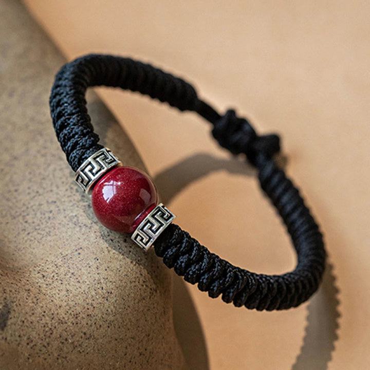 Bracelet en argent sterling 925 avec perles de cinabre naturelles et Buddha Stones, fait à la main, tressé et calme