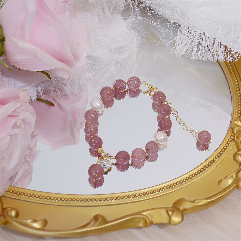 Bracelet d'amour en perles de quartz fraise naturelles et trèfle à quatre feuilles Buddha Stones
