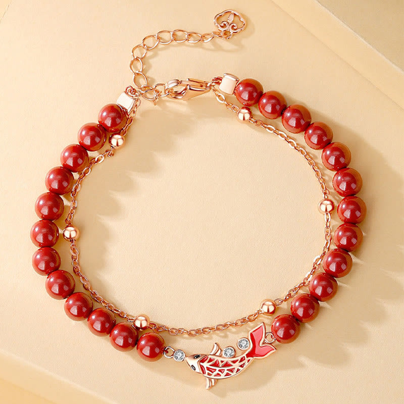 Bracelet à chaîne double couche en argent sterling 925 Buddha Stones et poisson Koi porte-bonheur en cinabre et zircon - image 1