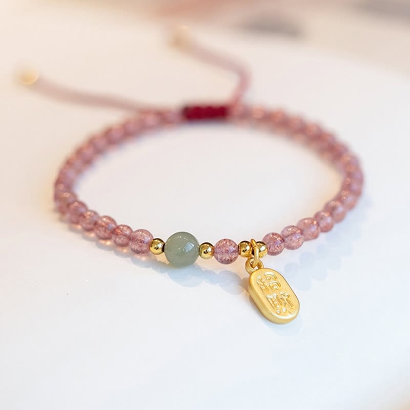 Bracelet porte-bonheur en Buddha Stones, quartz fraise, grenat, jade, caractère Fu