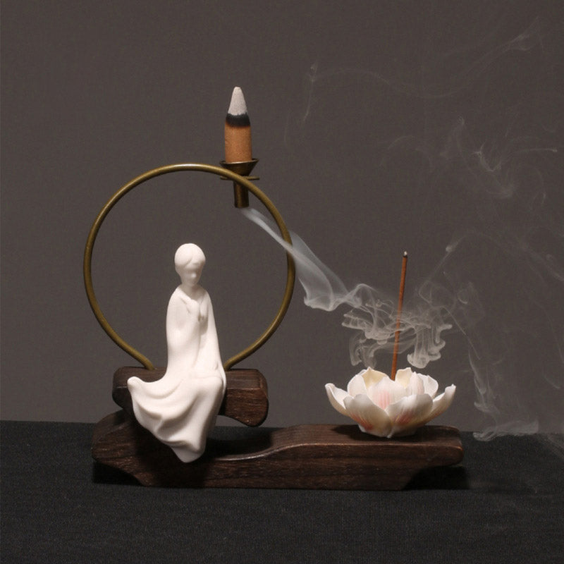 Brûleur d'encens en céramique avec Buddha Stones et lotus pour la guérison et la méditation