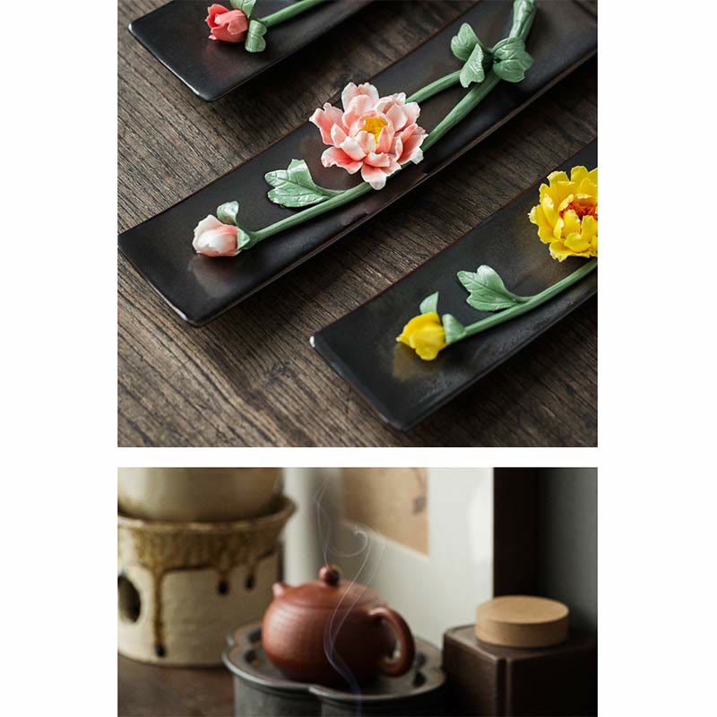 Brûleur d'encens spirituel en céramique Buddha Stones Lotus Pivoine Rose Fleur