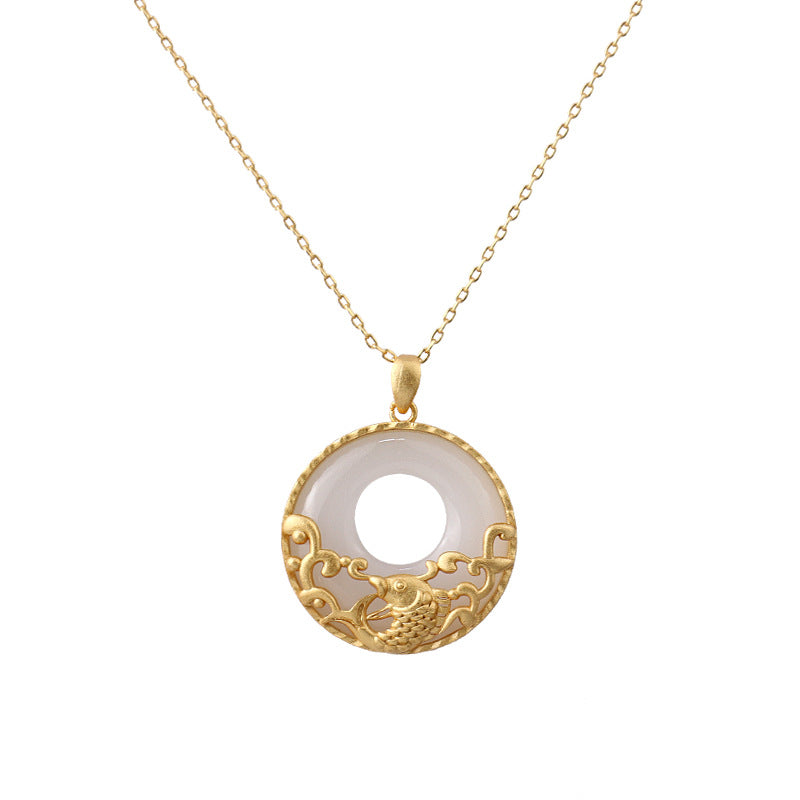 Collier pendentif en acier titane et jade blanc avec poisson koï - Poisson Koi (Chance ♥ Prospérité) - image 1