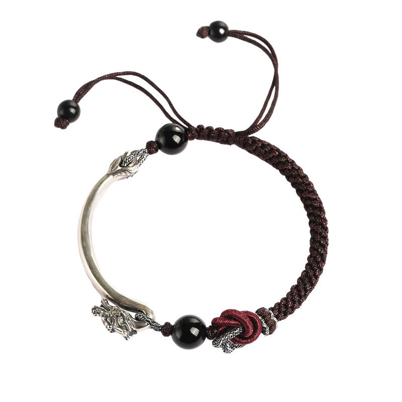 Bracelet tressé artisanal en argent sterling 925 Buddha Stones et dragon porte-bonheur