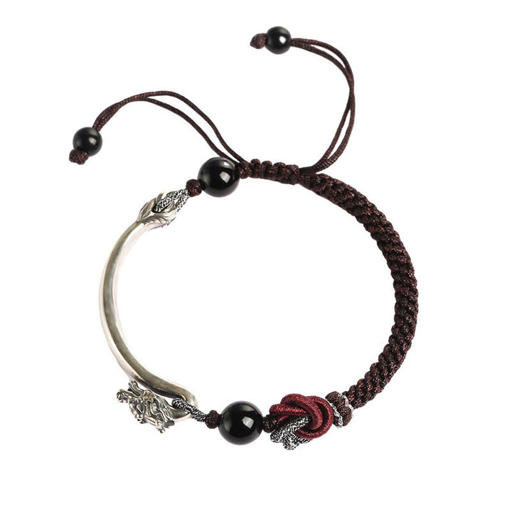 Bracelet tressé artisanal en argent sterling 925 Buddha Stones et dragon porte-bonheur