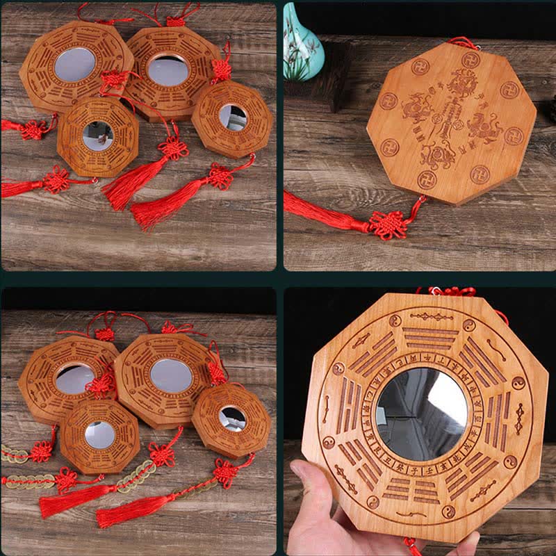 Carte Feng Shui Bagua Pièces de monnaie des cinq empereurs en bois de pêche Nœud chinois Carte énergétique d'équilibre Miroir