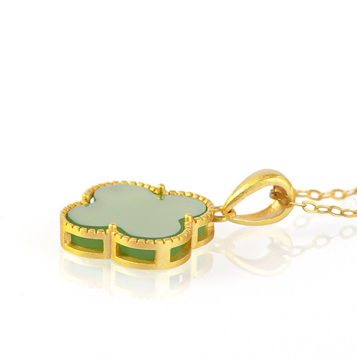 Collier pendentif trèfle à quatre feuilles en jade naturel Hetian en argent sterling 925 Buddha Stones